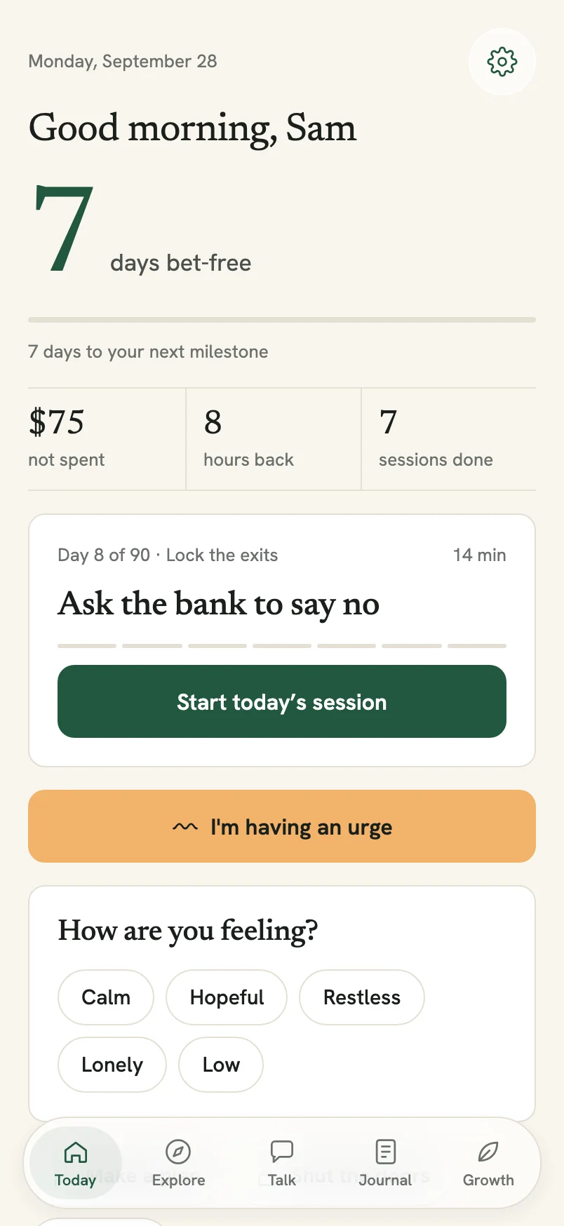 NewLeaves gambling journey showing bet-free days and today’s lesson